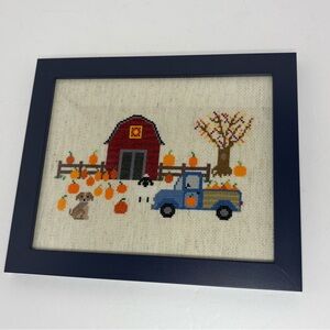 Fall Framed Cross-Stitch Art with Red Barn Scene and Pumpkins